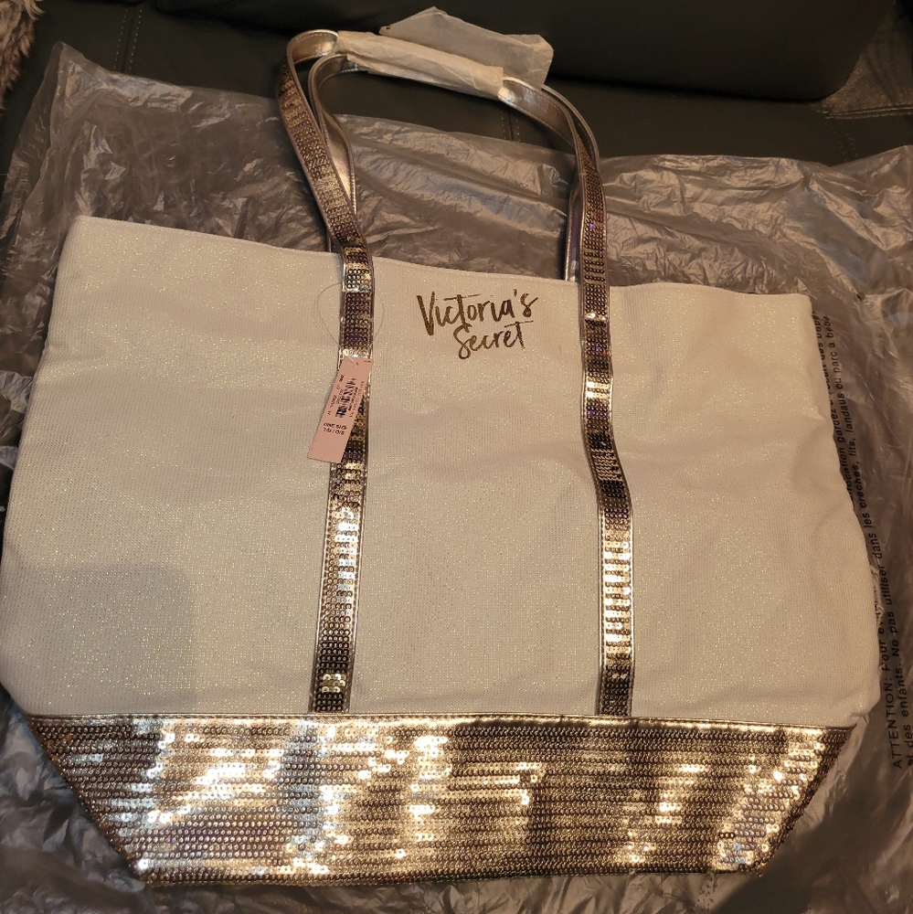 Victoria Secret Tote Bag - New With Tags, White Iridescent and Silver Sequins